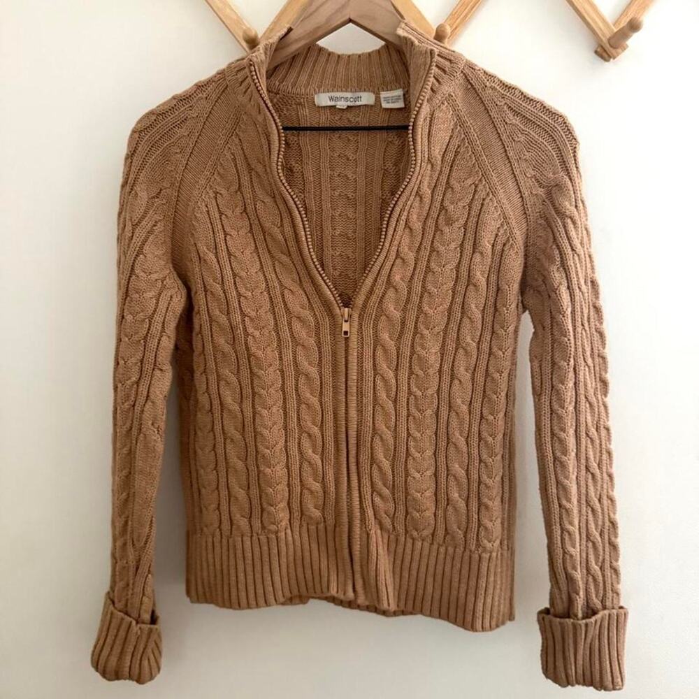 Vintage Wainscott camel cable knit Zip-Up Sweater